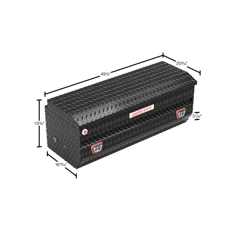 Weather Guard 624-5-04 All-Purpose Chest in gloss black, dimensional line drawing with the overall length, width and height called out