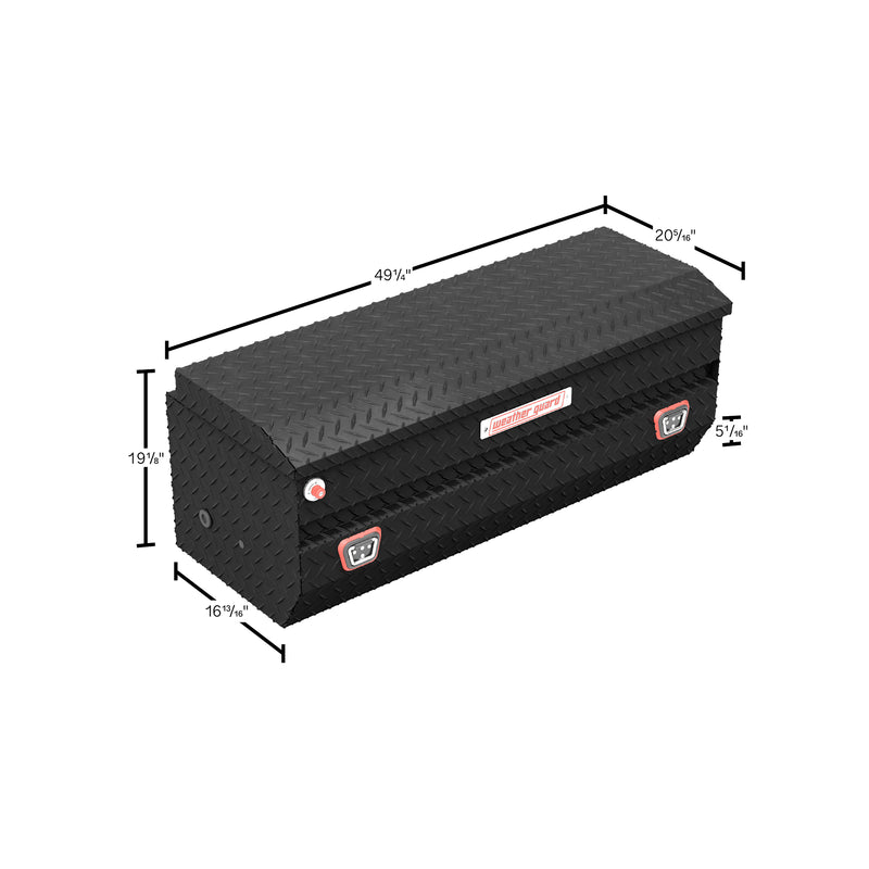 Weather Guard 624-52-04 All-Purpose Chest in textured matte black, dimensional line drawing with the overall length, width and height called out