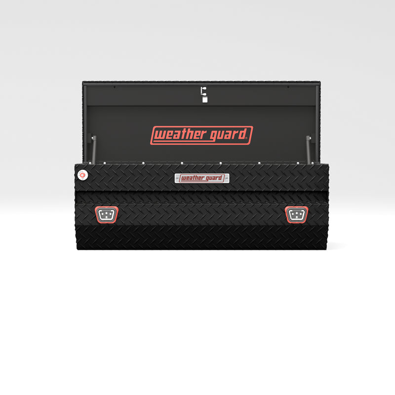 Weather Guard 624-52-04 All-Purpose Chest in textured matte black, straight-on front view with the lid open, showing the full interior