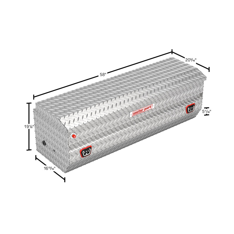 Weather Guard 634-0-04 All-Purpose Chest in bright aluminum diamond plate, dimensional line drawing with the overall length, width and height called out