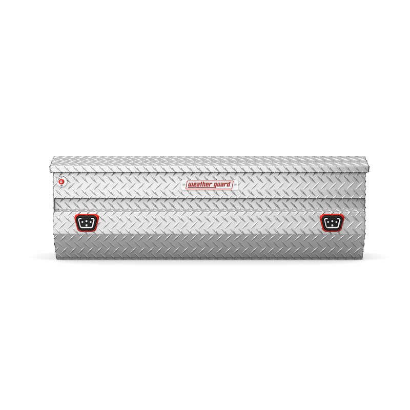 Weather Guard 634-0-04 All-Purpose Chest in bright aluminum diamond plate, straight-on front elevation with the lid closed