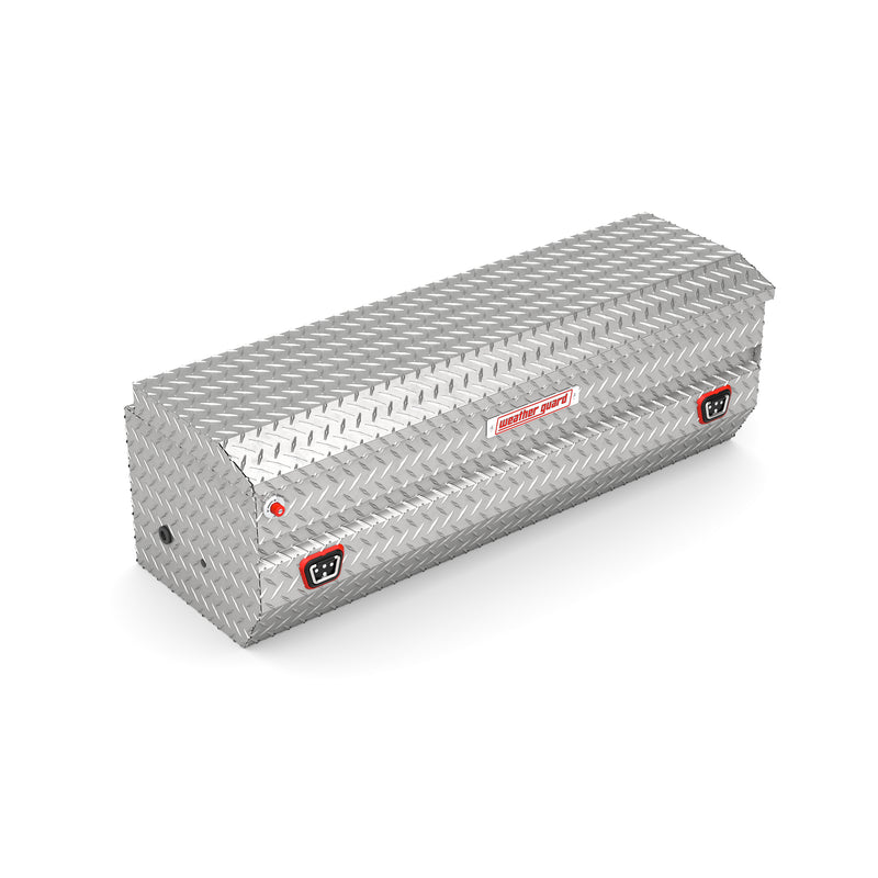 Weather Guard 634-0-04 All-Purpose Chest in bright aluminum diamond plate, front three-quarter studio view with the lid closed