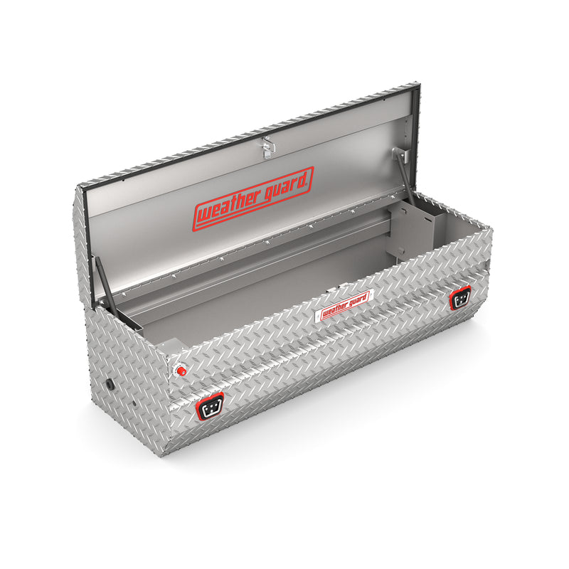 Weather Guard 634-0-04 All-Purpose Chest in bright aluminum diamond plate, lid open, showing the interior floor and the full opening