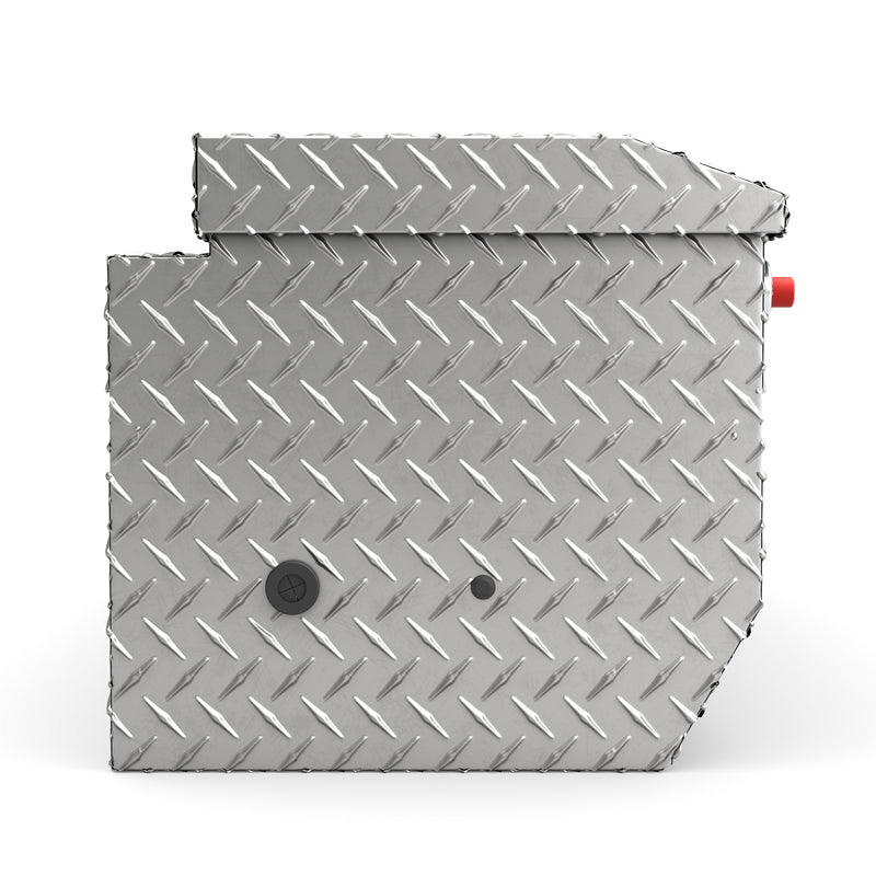 Weather Guard 634-0-04 All-Purpose Chest in bright aluminum diamond plate, side profile showing the body depth and lid overhang