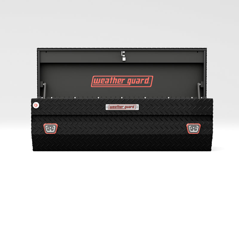 Weather Guard 634-52-04 All-Purpose Chest in textured matte black, straight-on front view with the lid open, showing the full interior