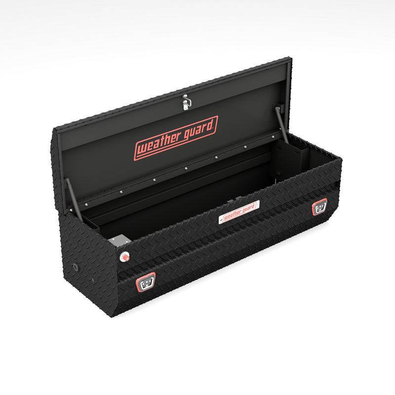 Weather Guard 634-52-04 All-Purpose Chest in textured matte black, lid open, showing the interior floor and the full opening
