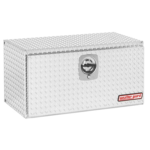 Weather Guard 636-0-02 underbed box in bright aluminum diamond plate, front three-quarter studio view with the door closed