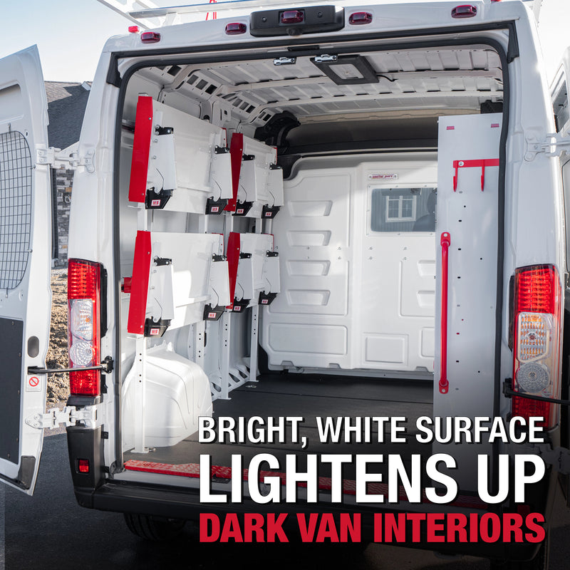 Weather Guard 9536-3-01 36 in Aluminum Folding Van Shelving Unit, marketing tile reading bright white surface lightens up dark van interiors