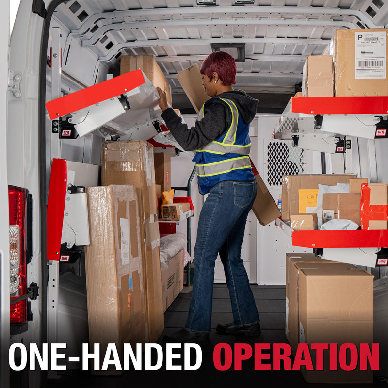 Weather Guard 9536-3-01 36 in Aluminum Folding Van Shelving Unit, marketing tile reading one-handed operation