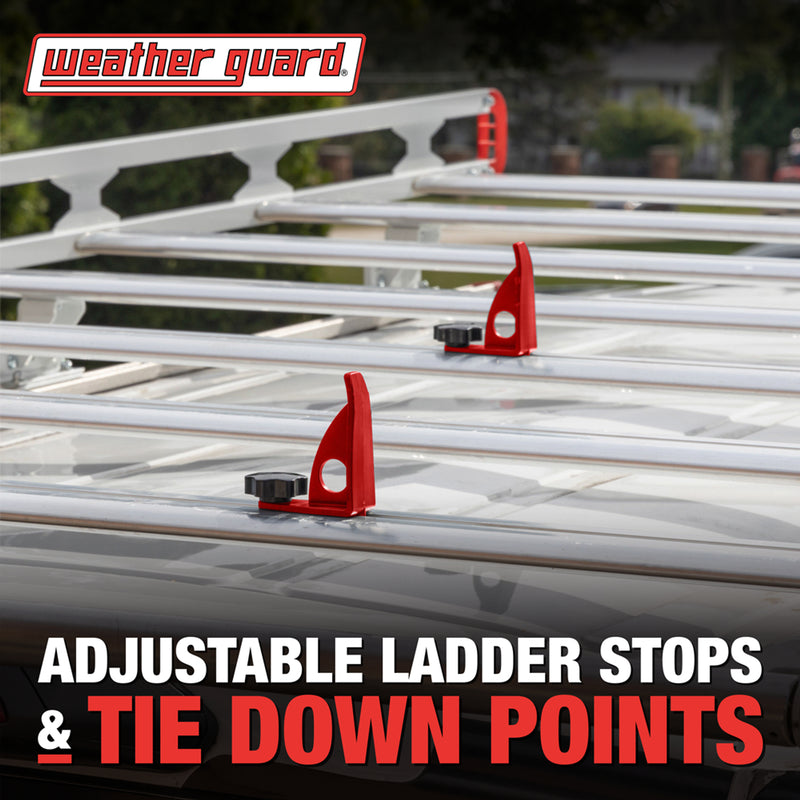 Weather Guard ASRS001 Standard Safari Aluminum Van Roof Rack, marketing tile reading adjustable ladder stops and tie down points
