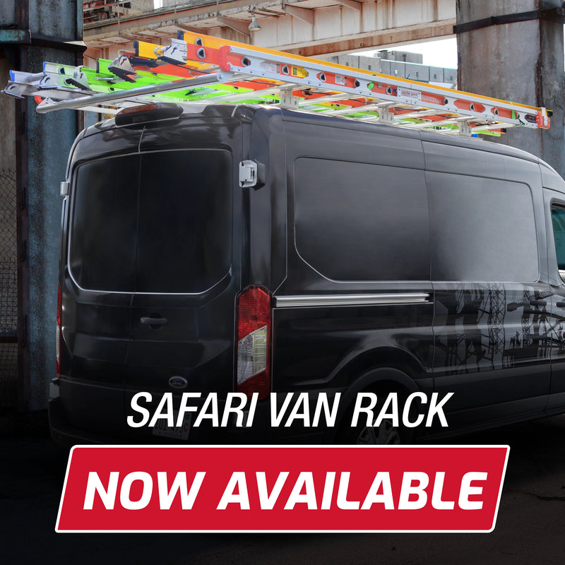 Weather Guard ASRS001 Standard Safari Aluminum Van Roof Rack, marketing tile reading Safari van rack now available