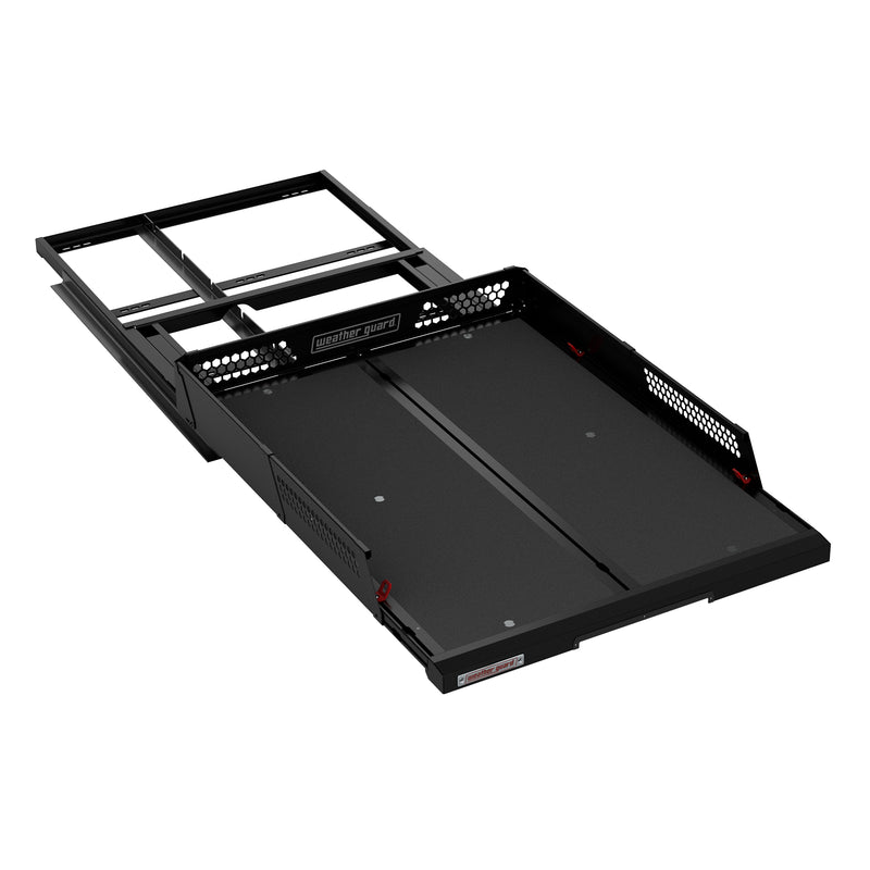 Weather Guard 65 in sliding truck bed shown extended on its rollers with the slide rails exposed underneath