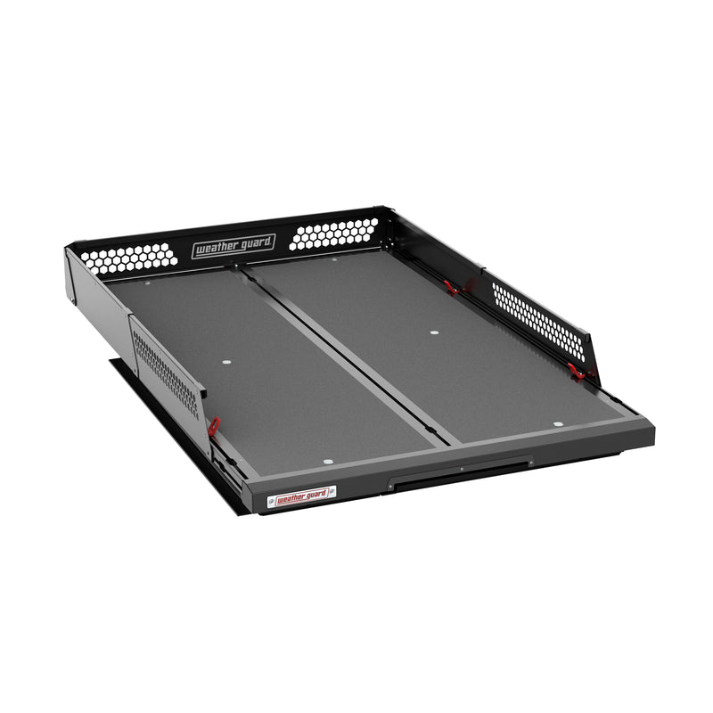 Three-quarter view of the Weather Guard 75" sliding truck bed with both side guard rails fitted