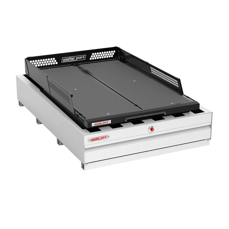 Weather Guard 75" sliding truck bed mounted on top of a white Weather Guard Pack Rat drawer unit