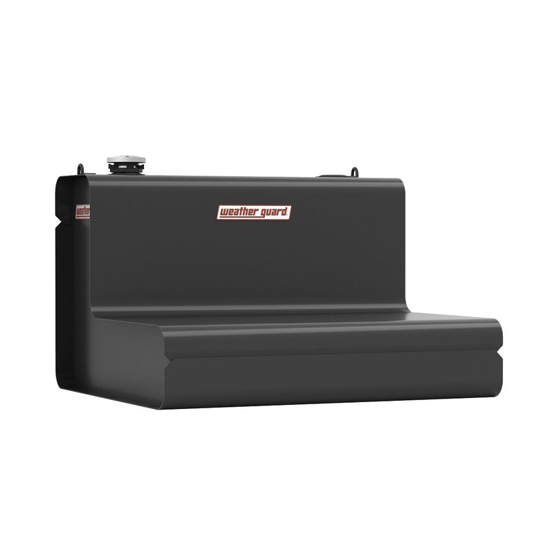 Weather Guard matte black steel L-shaped transfer tank, rear three-quarter view