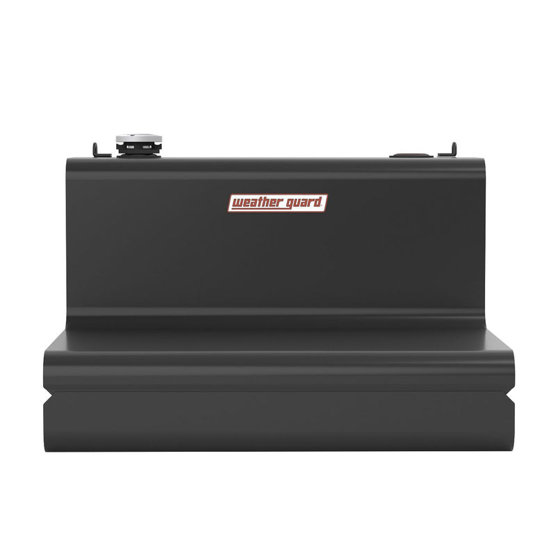 Weather Guard matte black steel L-shaped transfer tank, front view