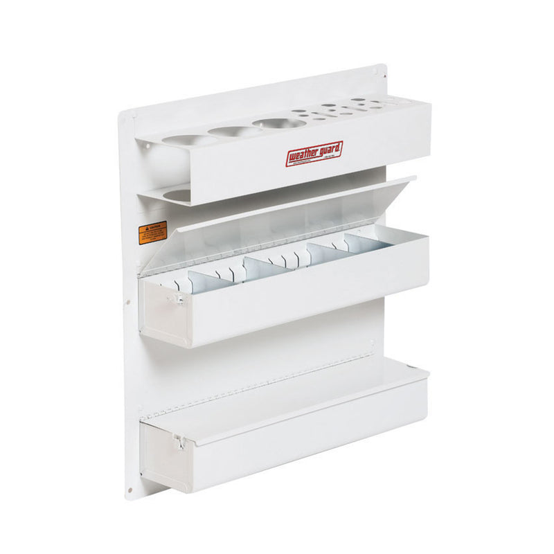 Weather Guard white steel van door organizer with can holder and trays