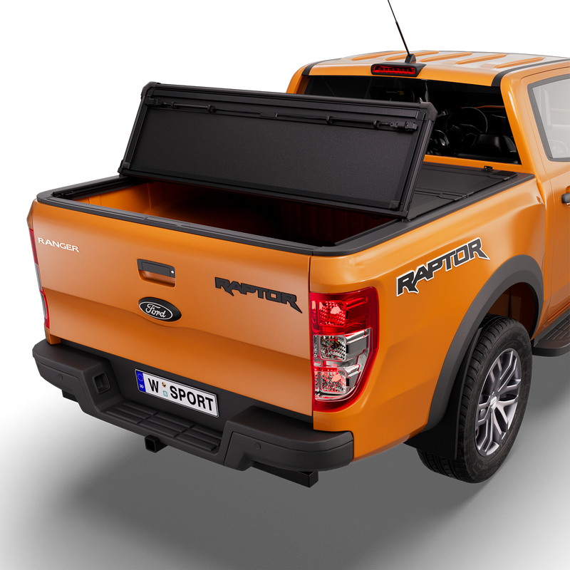 Worksport NEXUS hard folding tonneau cover on a pickup: 3D studio render of an orange Ford Ranger from the rear quarter with a black NEXUS hard folding tonneau cover rear panel folded forward, one fold, rear of the bed open