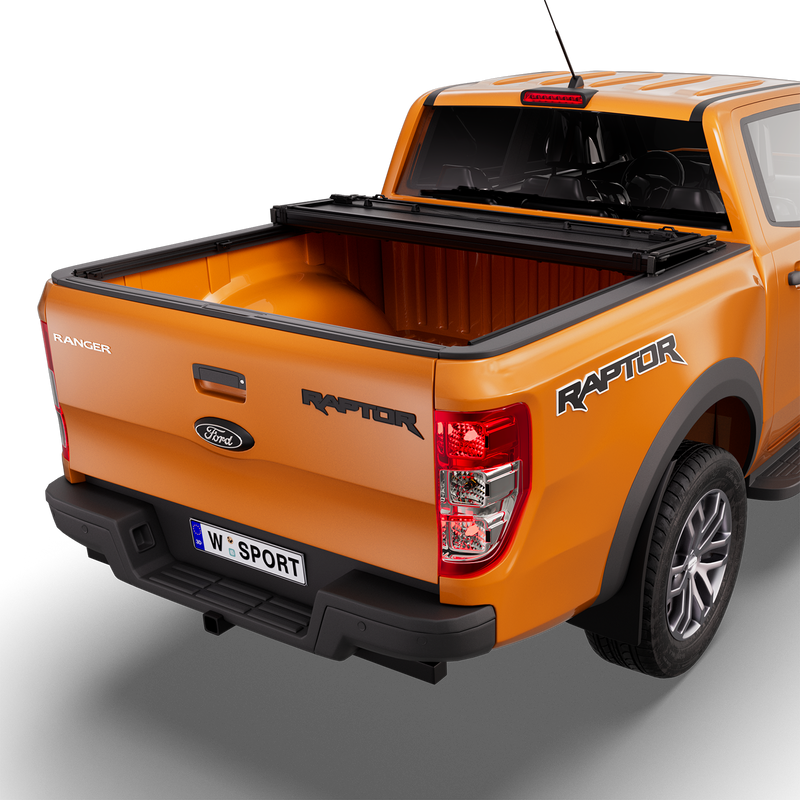 Worksport NEXUS hard folding tonneau cover shown on a 2019-23 Ford Ranger, an older generation than the trucks this listing fits: studio render with the cover folded twice into a stack at the cab end