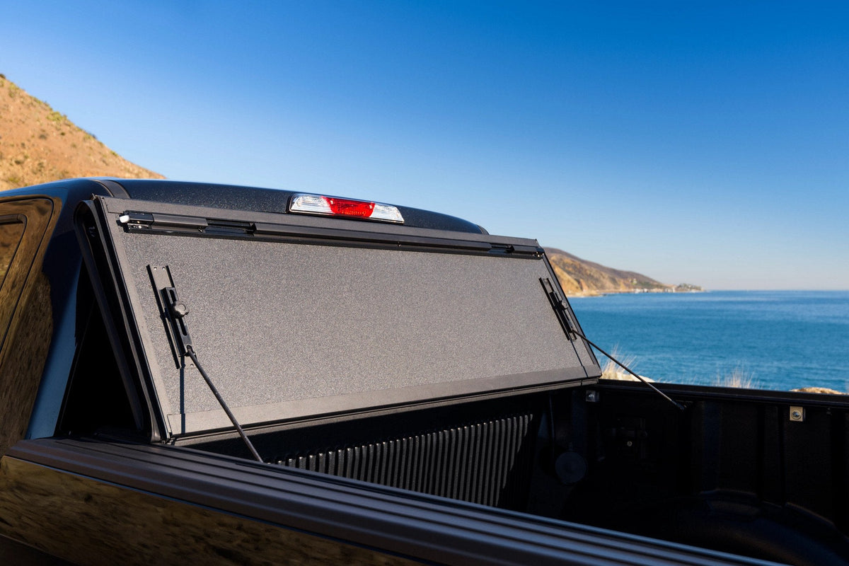 BAKFlip MX4 hard folding cover on a 2016 Ford F-150 at the beach