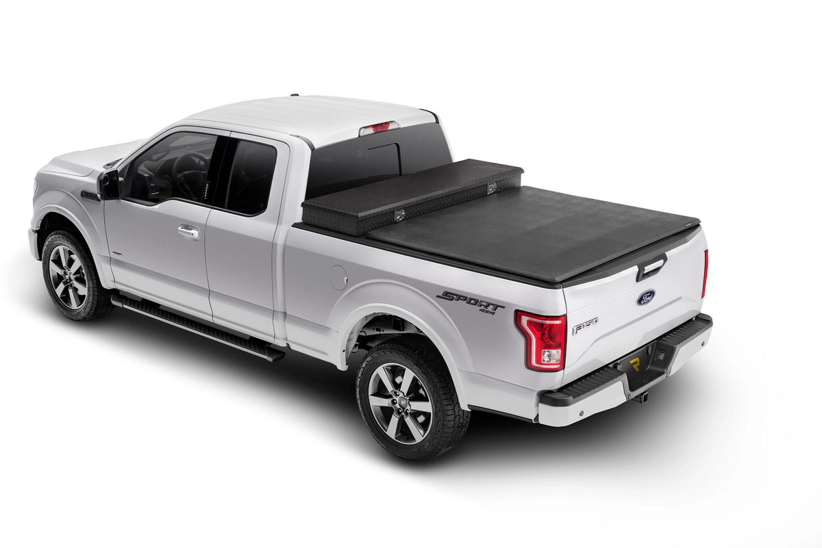 White 2017 Ford F-150 fitted with an Extang Trifecta Toolbox 2.0 soft folding cover