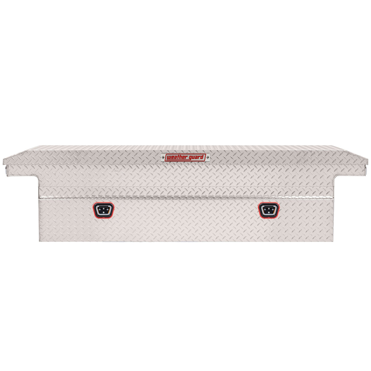 Weather Guard 121 crossover tool box in bright aluminum, front view with the lid closed