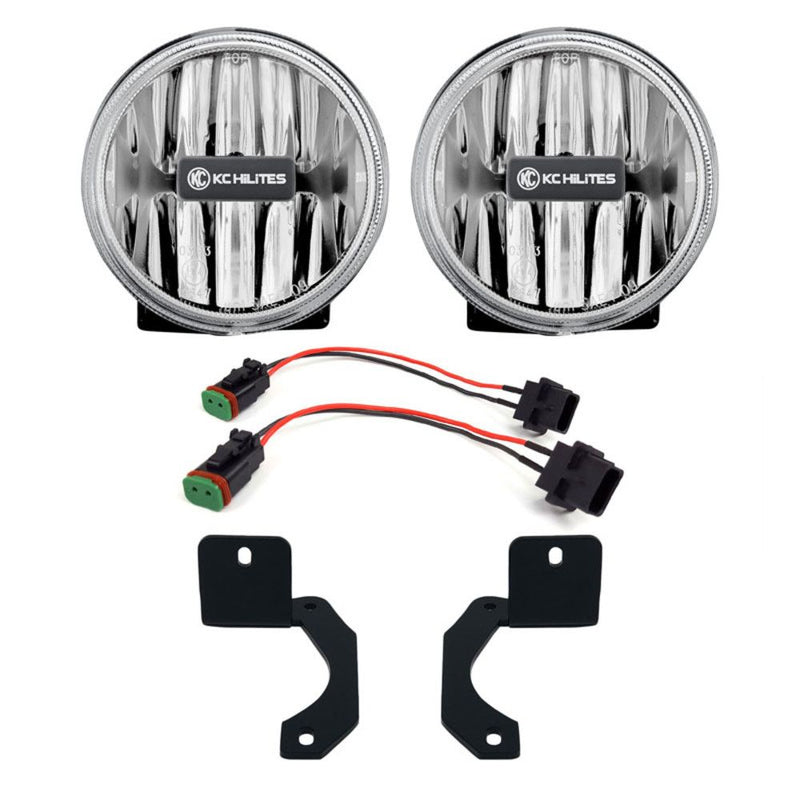 KC HiLiTES Gravity LED G4 4" Fog Light System, Steel Bumper, two G4 fog lights with harness adapters and steel bumper brackets