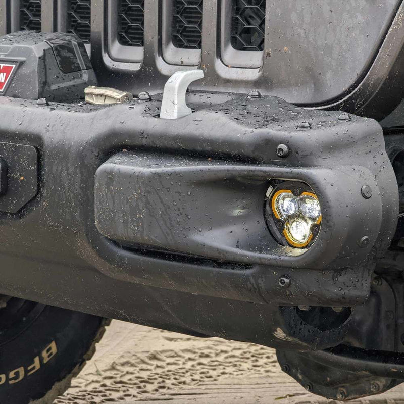KC HiLiTES FLEX ERA 3 Dual-Mode SAE Fog Light Master Kit, lit FLEX ERA 3 Dual-Mode light in a Jeep bumper