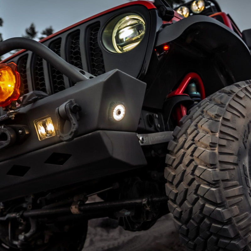 KC HiLiTES Cyclone V2 LED Mount Adapter, Cyclone V2 light set into a Jeep front bumper