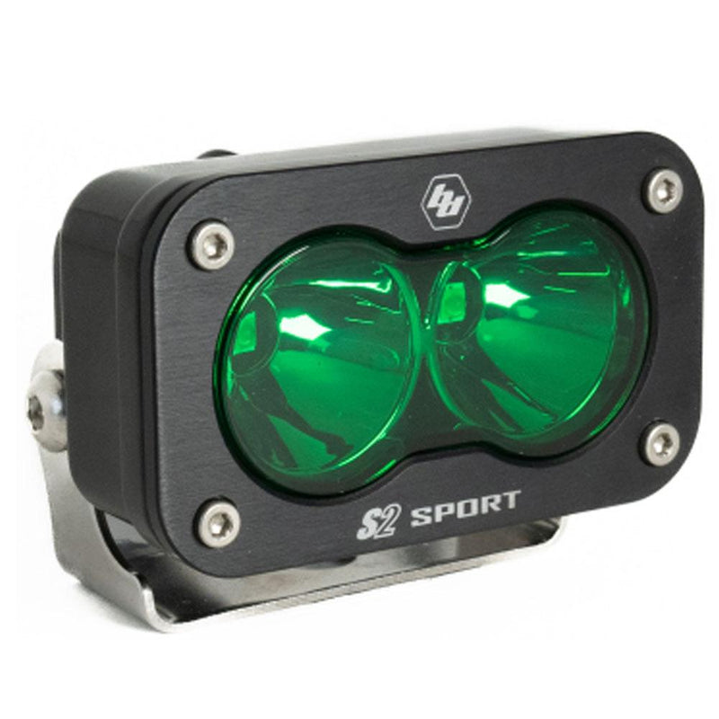 Baja Designs S2 Sport Black LED Auxiliary Light Pod, with Spot pattern and Green lens, studio photo