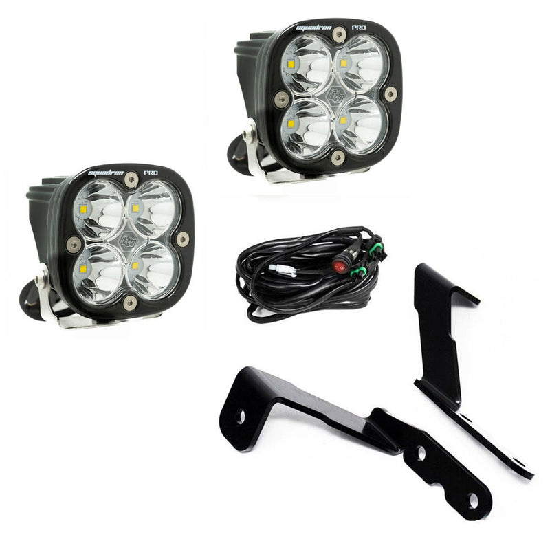 Baja Designs Squadron Pro A-Pillar Light Kit for 2007-2013 Chevrolet Silverado/Avalanche/Tahoe, GMC Sierra/Yukon, kit contents on a white background