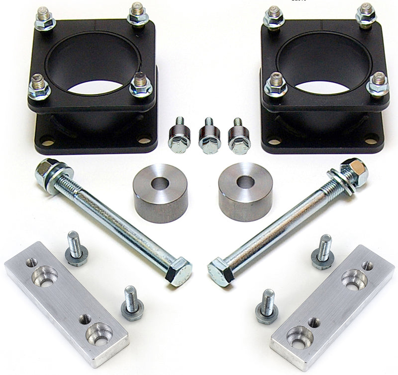 ReadyLIFT 3" Front Leveling Kit strut spacers with differential drop and skid plate spacers and hardware on white