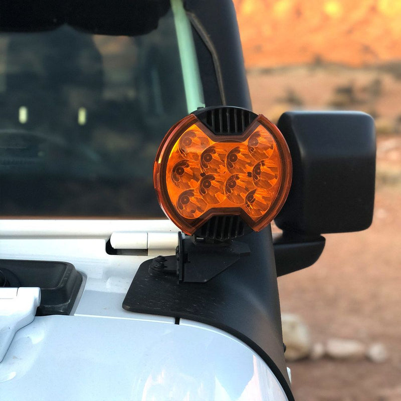 KC HiLiTES SlimLite 6" LED Light Shield, amber shield fitted to a SlimLite on a Jeep A-pillar