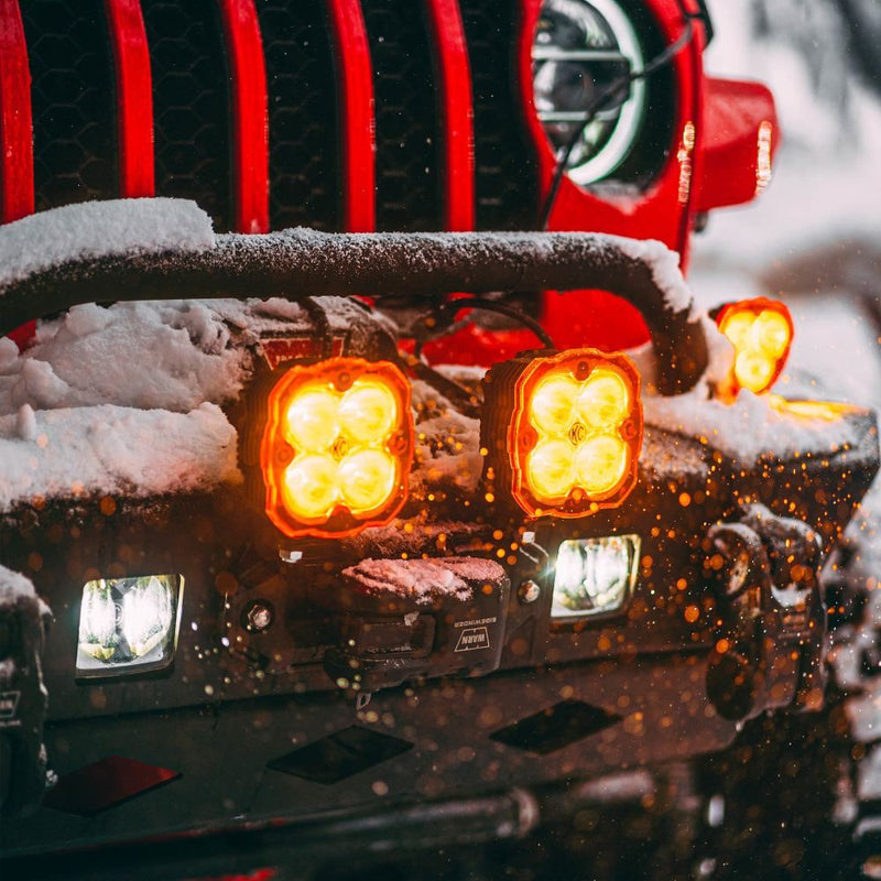 KC HiLiTES FLEX ERA 4 Amber Light Shield, Jeep front bumper with FLEX ERA 4 lights behind amber shields
