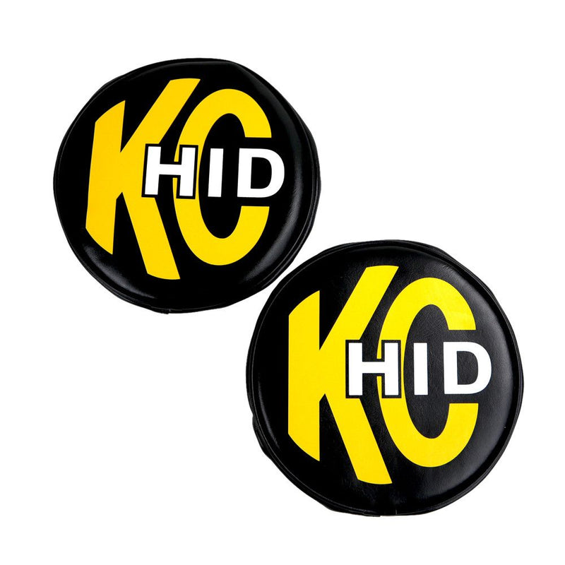 KC HiLiTES 8" Round Light Cover Pair, pair of black HID vinyl covers with yellow KC HID logo