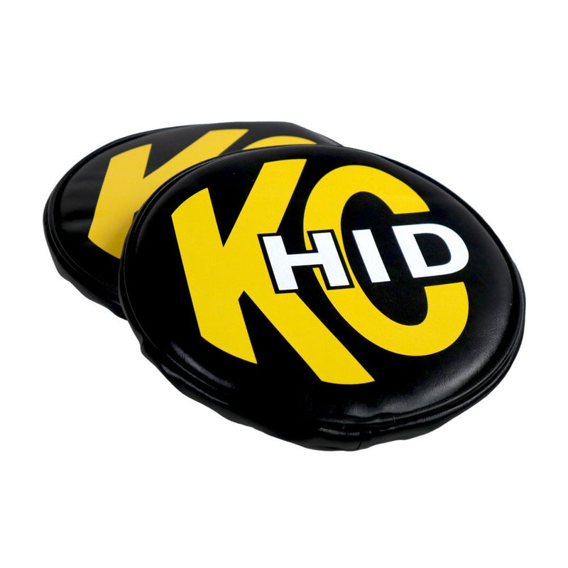 KC HiLiTES 8" Round Light Cover Pair, HID vinyl cover, angled view