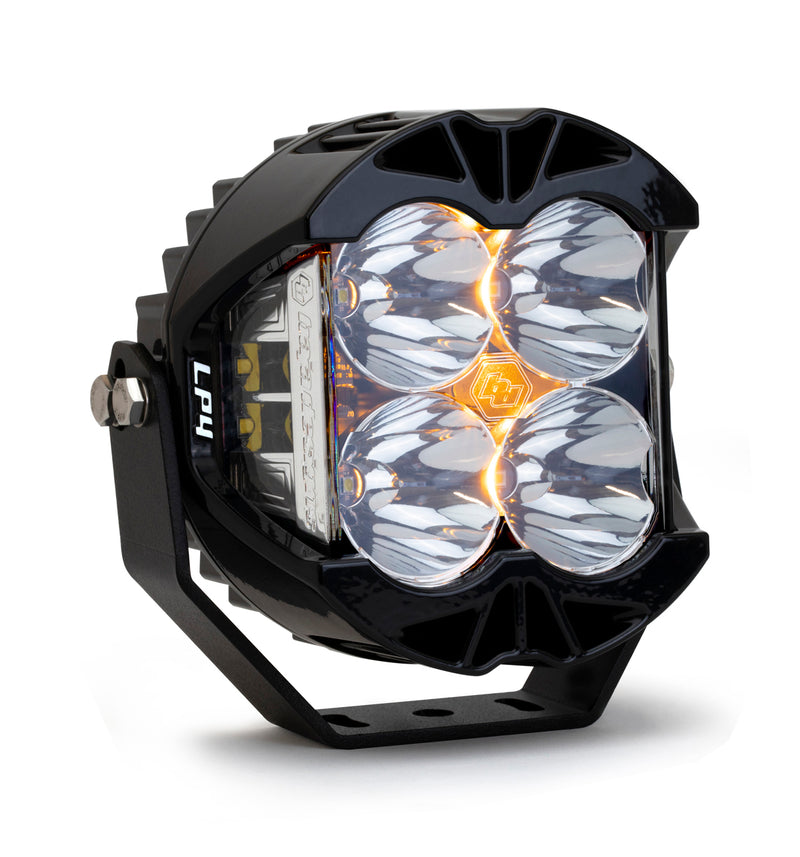Baja Designs LP4 Pro LED Auxiliary Light Pod, with Spot pattern, Clear lens and Amber backlight, studio photo