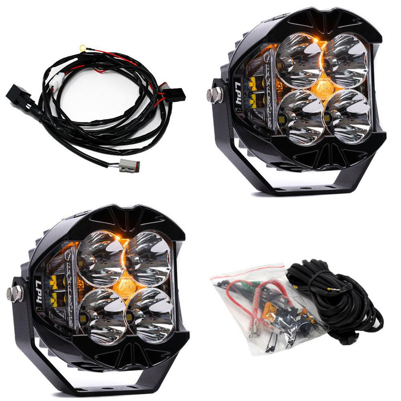 Baja Designs LP4 Pro LED Auxiliary Light Pod Pair, with Spot pattern, Clear lens and Amber backlight, studio photo