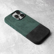 alcantara elegance premium iphone case luxurious texture dual green black alcantara iphone case angled view