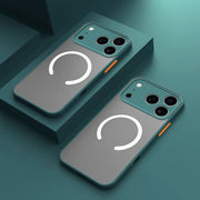 Aurora Shield Shockproof Matte iPhone Case MagSafe Compatibility two dark green cases magsafe ring orange buttons