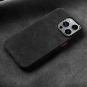 Alcantara Elegance Premium iPhone Case black back view red accent side button cutout