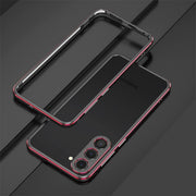 Aurum Shield Aluminum Metal Bumper Case Luxe Finish Samsung S25 black red bumper case on phone dark surface