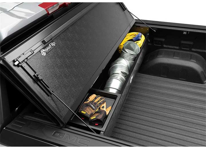 Overhead view of the open BAK BAKBox 2 with cargo, folded BAKFlip cover behind it