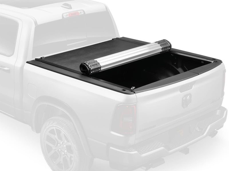 BAK Revolver X2 hard roll-up tonneau cover partially rolled open, ghosted product view