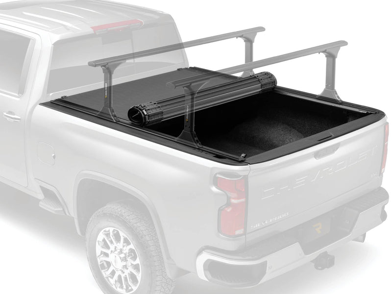 BAK Revolver X4 TS closed with a T-slot bed rack mounted over it, ghosted product view