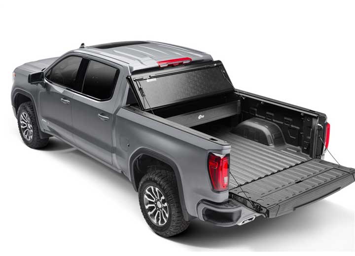 BAK BAKBox 2 fold-away tonneau toolbox installed at the bulkhead under a folded BAKFlip cover