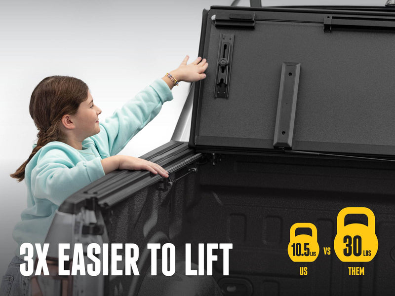 BAKFlip MX4 EZ-Lift being raised with one hand, 10.5 lb versus 30 lb lift comparison