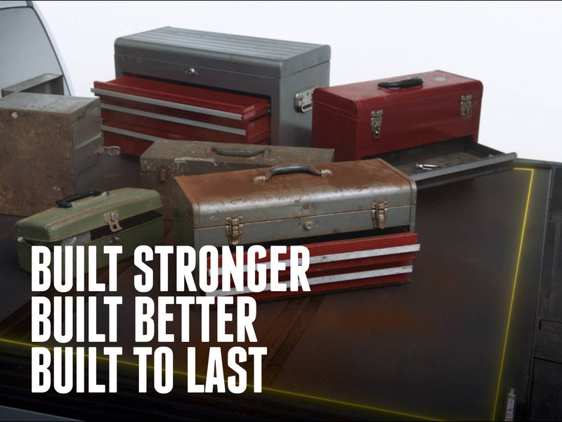Weathered steel toolboxes staged on a BAKFlip MX4 TS to illustrate long-term durability