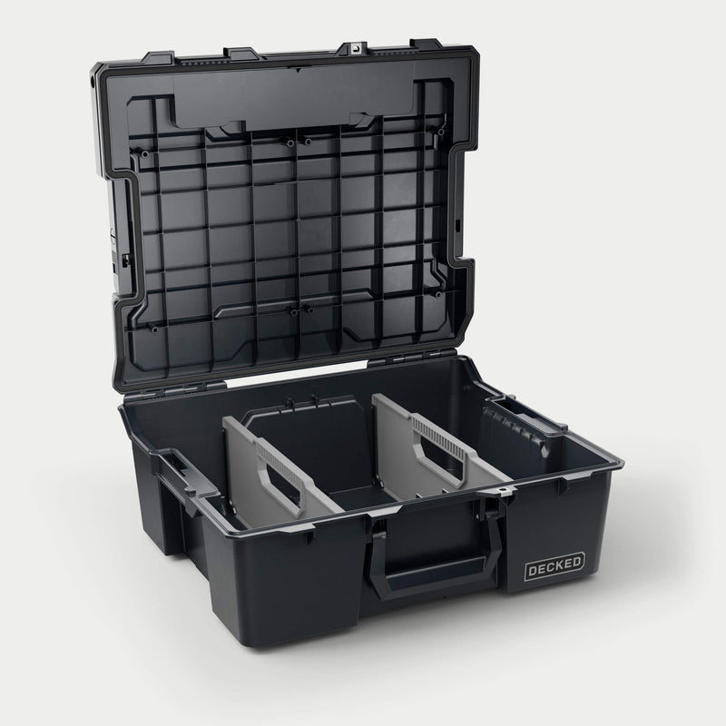 Black DECKED Halfrack 32 open with the two gray removable dividers set in the tub