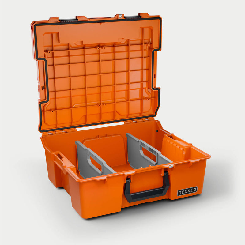 Blaze Orange DECKED Halfrack 32 open with the two gray removable dividers set in the tub